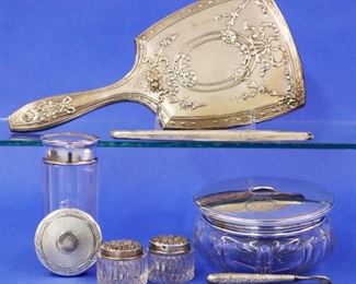 Sterling hand mirror & lidded jars