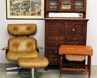 Selig  Chair & Ottoman, Eyvind Johansson for Vitre Teak Sewing Stand, Oak Dental Cabinet by Harvard & Co., Japanese Woodblock Triptych 