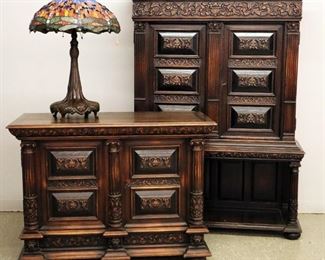 Carved Walnut Linen Cabinet & Server, Leaded glass lamp