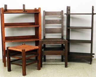 Arts & Crafts Bookshelves, Stickley Bros. Chair & Footstool