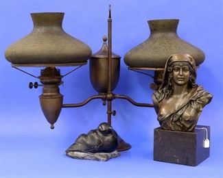 Bradley & Hubbard Lamp, Bronze Bust, Inuit Soap Stone Carving 