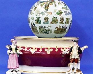 Victorian Potichromani Blown Glass Ball, Spode Figures, Footbath