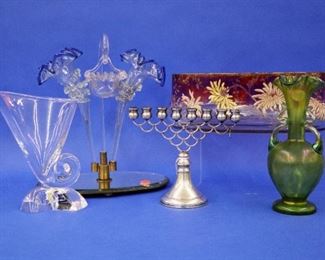 Loetz  vase, Steuben vase, Enamel bowl, Epergne, Sterling Menorah 