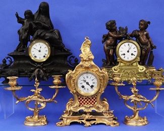 Figural Mantel Clocks, 3 pc. French Bronze Set