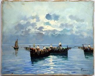 Achille Formis Befani (Italian,1832-1906), Seascape w/Fishing Boats. Oil on canvas.