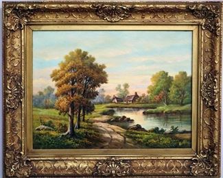 Thomas M. Moore (American, 19th/20th Century), Landscape. Oil on Board. Framed, measures 21" wide x 17.5" high overall.