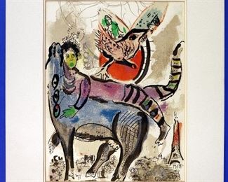 Marc Chagall "La Vache Bleue" Lithograph on Paper.  Marked "Lithographie Orignale en 18 Coleurs Pour XX" on reverse.