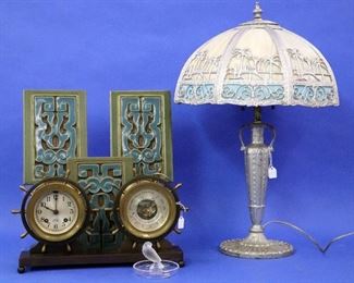 Bent Panel "Desert Oasis" Lamp, Chelsea Clock & Barometer, Rookwood tiles