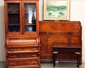 Walnut Cylinder Secretary, Inlaid Walnut Bed, Mahogany tea table, M. Weber "Stormy Seas" Pastel on Paper. 