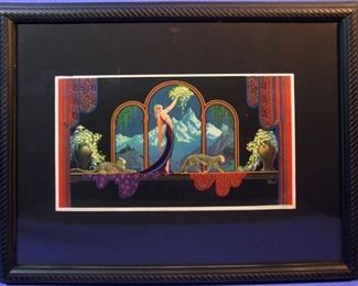 1.	C/1920 pin-up litho “Goddess of the Mountains”, signed Fred Packer, 16x20”, framed