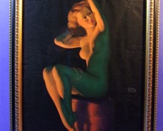 3.	C/1950 pin-up litho, Full Nude, black background, signed Earl Moran, 16x20”, framed.