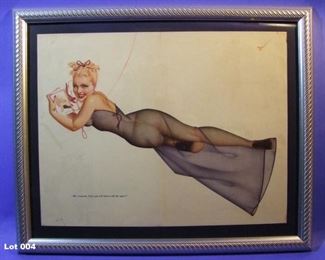 4.	C/1945 pin-up litho, reclining girl on Telephone, signed George Petty, 16x20”, framed.