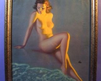10.	C/1940’s pin-up litho, Full Nude, Seaside, signed Earl Moran, 16x20”, framed.