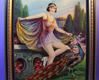 13.	C/1930 pin-up litho, Lady with Peacock, marked Germany, 16x20”, framed.