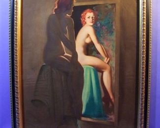 18.	C/1950’s pin-up litho, Full Nude, Girl in Mirror, signed Earl Moran, 16x20”, framed.