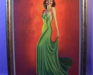 26.	C/1940 pin-up litho, Girl in Green Dress, signed Billy DeVorss, 16x20”, framed.