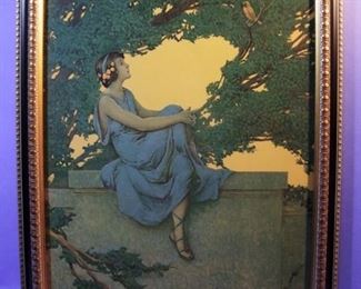 23.	C/1930 Maxfield Parrish style pin-up litho, Girl on Ledge, signed Vincent Aderente. 16x20”, framed.