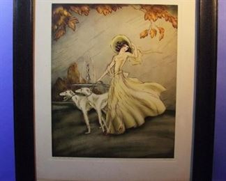 33.	C/1930’s Icart style litho, “The Garden Walk”, signed Martine, 21x27”, Oak framed.