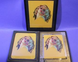 35.	C/1930’s 3 pin-up lithos, “Bewitching Eyes”, signed Zoe Mozart, all 8x10”, framed.