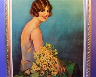 65.	C/1920 pin-up litho, Girl with Flowers, 16x20”, framed.