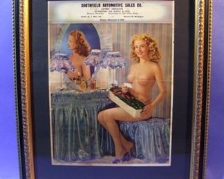 70.	1946 photo/pin-up advertising calendar top, “A Pleasant Surprise”, 16x20”, framed.