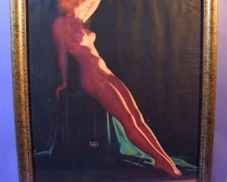 42.	C/1950 pin-up litho, Full Nude, “When Shadows Fall”, signed Earl Moran, 16x20”, framed.