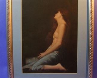 45.	C/1915 Kneeling Nude litho, pastel highlights, unsigned, 16x20”, framed.