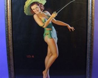 49.	C/1950 pin-up litho, Girl with Fishing Rod, signed Earl Moran, 16x20”, framed.