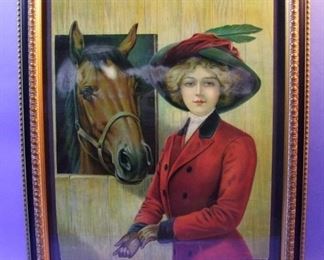 50.	C/1910 pin-up litho, Girl with Horse, unsigned, 16x20”, framed.