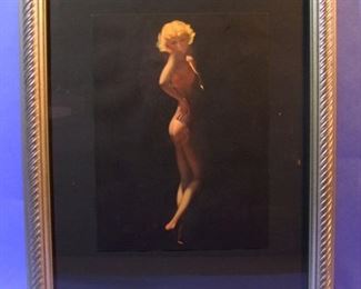 57.	C/1950 pin-up litho, Full Nude, black background, standing blonde, signed Earl Moran, 12x16”, framed.