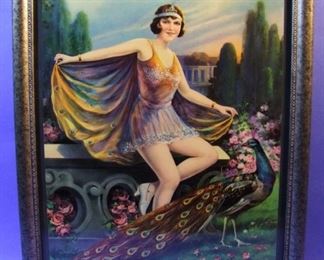 58.	C/1930 pin-up litho, Girl with Peacock, marked Germany, 16x20”, framed.