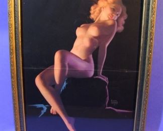 62.	C/1940 pin-up litho, Full Nude, black background, signed Earl Moran, 11x14”, framed.