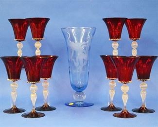 Art Deco Celeste blue vase, 10 Venetian Red Goblets 