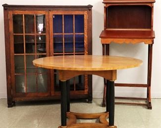 Oak Arts & Crafts 2 Door Bookcase, French Maitre d Desk, Neoclassical Dining Table in Cherry