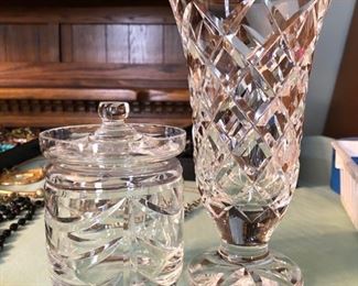 Waterford vase and small crystal jar
