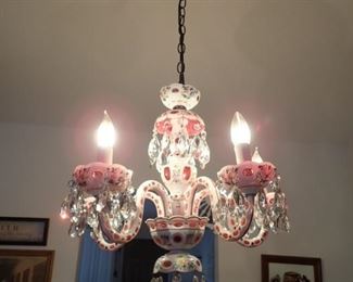 Vintage Bohemian Opaque White Cut to Cranberry  Floral Accents 5 Arm Chandelier    We are going to keep the light hanging, when purchased we will have it taken down and work out delivery to buyer.
