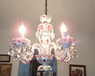  Vintage Bohemian Opaque White Cut to Cranberry  Floral Accents 5 Arm Chandelier   We are going to keep the light hanging, when purchased we will have it taken down and work out delivery to buyer.