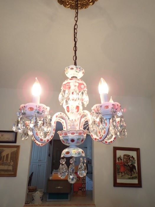  Vintage Bohemian Opaque White Cut to Cranberry  Floral Accents 5 Arm Chandelier   We are going to keep the light hanging, when purchased we will have it taken down and work out delivery to buyer.