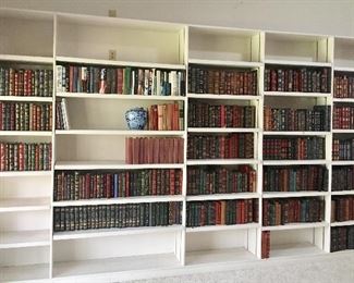 Beautiful Leather Bound Books  (over 400) - all in pristine condition all 3 rows on left shelf are Signed First Editions.