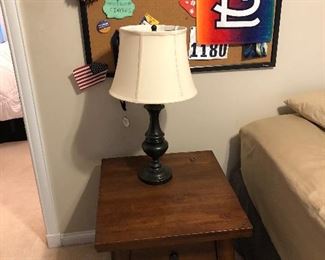 WOOD END TABLE,  LAMP