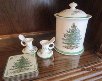 Spode Biscuit Jar, Candle Holders, and Coasters.