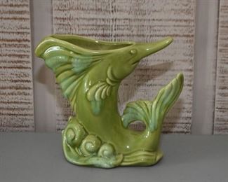 Vintage Green Pottery Swordfish Vase