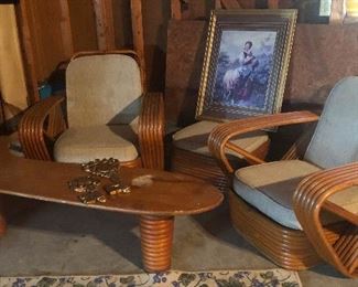 Authentic Paul Frankl Pretzel Arm Rattan Chairs! WITH Ottoman and BOOMERANG Table!! Oh my GAH!!!