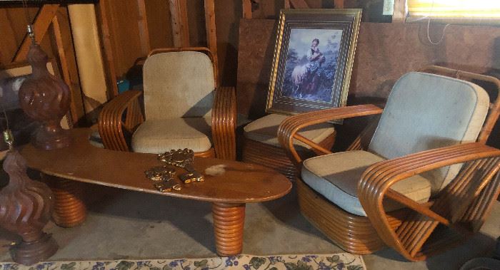 Authentic Paul Frankl Pretzel Arm Rattan Chairs! WITH Ottoman and BOOMERANG Table!! Oh my GAH!!!