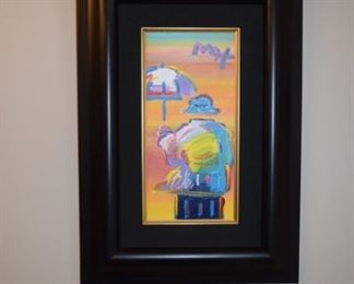 Peter Max "Umbrella Man" Original Framed Acrylic On Canvas. 2008 Signed in Pigment Upper Right. 12" X 6"