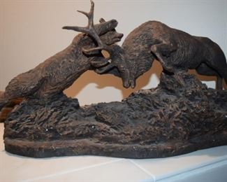 Elk and Grizzly Confrontation Sculpture By Dusty Phelps 10" X 10" x 20" x 7"
