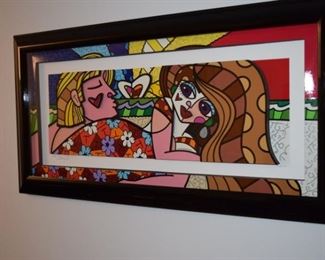 "Couple At The Beach" By Romero Britto. 2015 Three Dimensional Seriography Construction in Color With Cut Outs Hand Signed In Pencil. 476/750. 16" X 36"