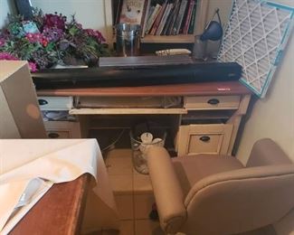 Desk, chair and contents on desk