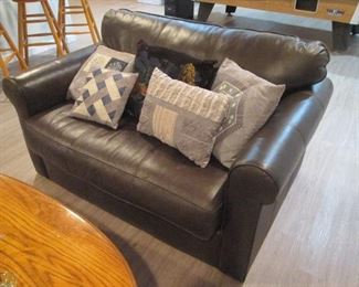 Brown Leather Love Seat /  Sleeper