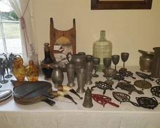 OLD PEWTER, CAST IRON TRIVETS, POWDER HORNS & MORE